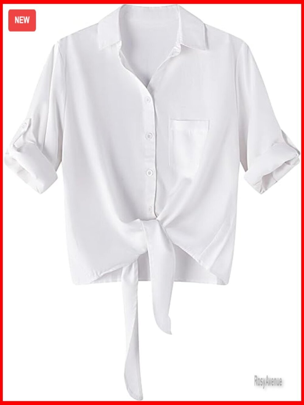 Tie Front Blouse with Roll Up Sleeves and Pocket